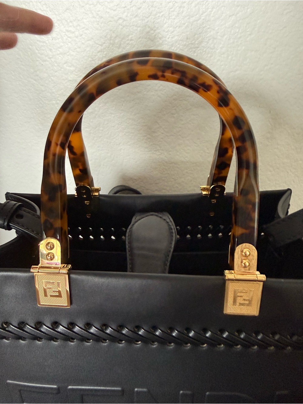 Fendi Black Leather Satchel with Tortoiseshell Handle and Gold Hardware - Picture 5 of 17